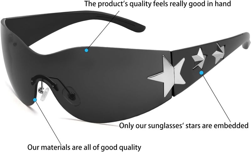 Haqptul Rimless Y2K Sunglasses Star Wrap Around Glasses 2000S Accessories for Women Men Trendy Fashion Cool Shield Shades - Image 2